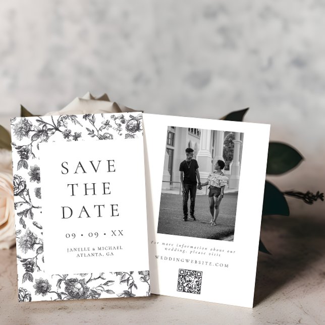 Elegant Black & White Floral Toile Photo Wedding Save The Date (Creator Uploaded)