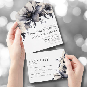 Elegant Black White Floral Wedding All In One Invitation