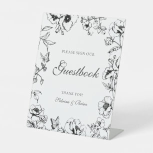 Elegant Black White Floral Wedding Guestbook Pedestal Sign