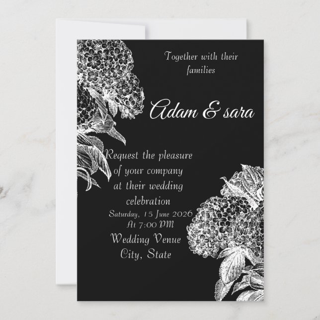 Elegant Black & White Floral Wedding Invitation (Front)