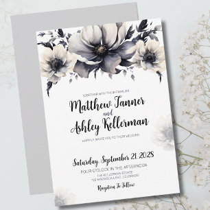 Elegant  Black White Floral Wedding Invitation