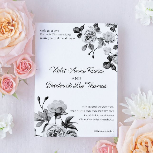  Elegant Black & White Floral Wedding Invitation  (Creator Uploaded)