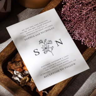 Elegant Black & White Floral Wedding   Minimalist Invitation