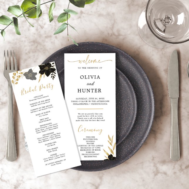 Elegant Black & White Floral Wedding Party Program (Elegant Black & White Floral Wedding Party Program)