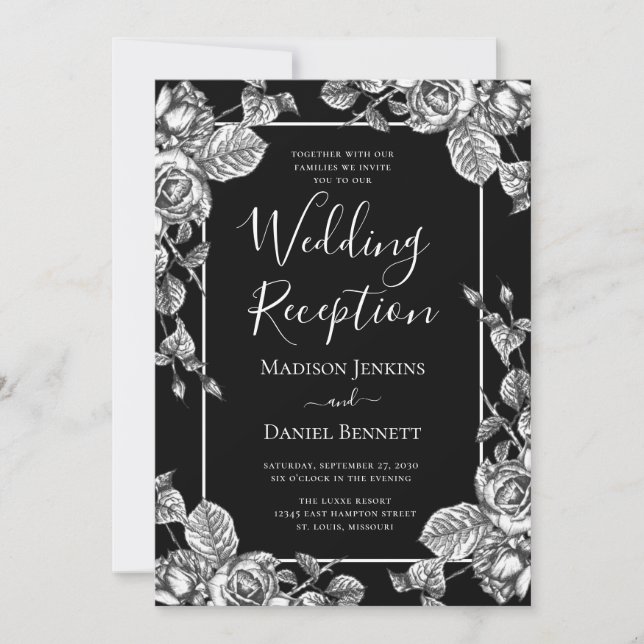 Elegant Black White Floral Wedding Reception Invitation (Front)