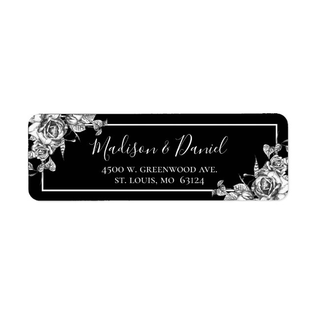 Elegant Black White Floral Wedding Return Address (Front)
