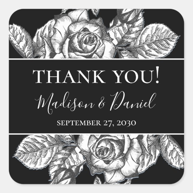 Elegant  Black White Floral Wedding Thank You Square Sticker (Front)
