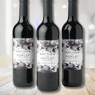 Elegant Black White Floral Wedding Wine Label