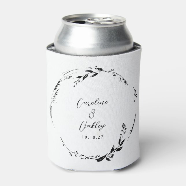 Elegant Black White Floral Wreath Wedding Custom Can Cooler (Can Front)