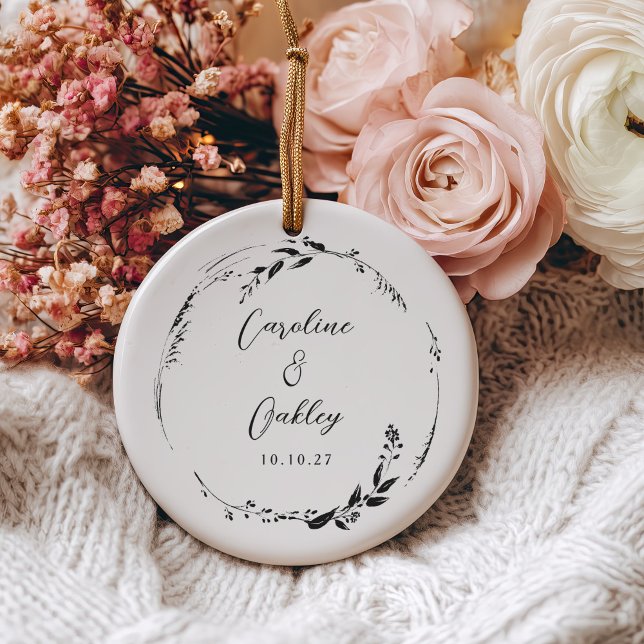 Elegant Black White Floral Wreath Wedding Custom Ceramic Ornament (Creator Uploaded)