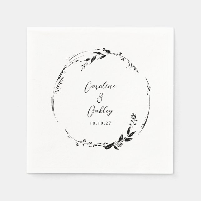 Elegant Black White Floral Wreath Wedding Custom Napkin (Front)