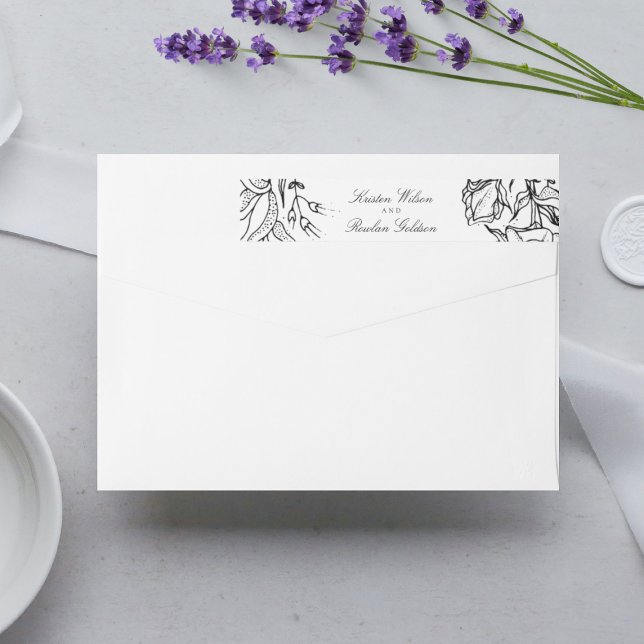 Elegant Black & White Floral Wreath Wedding Wrap Around Label (Creator Uploaded)