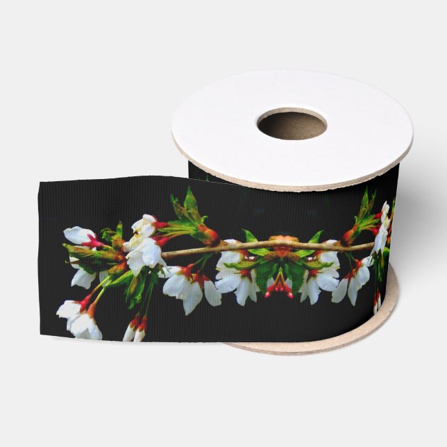 Elegant Black White flowering white Blossom Grosgrain Ribbon (Spool)