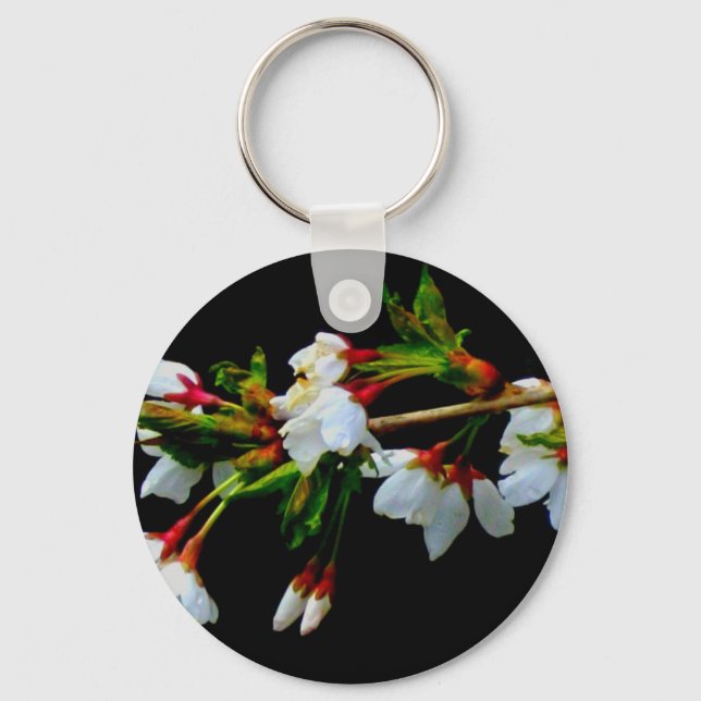 Elegant Black White flowering white Blossom Keychain (Front)