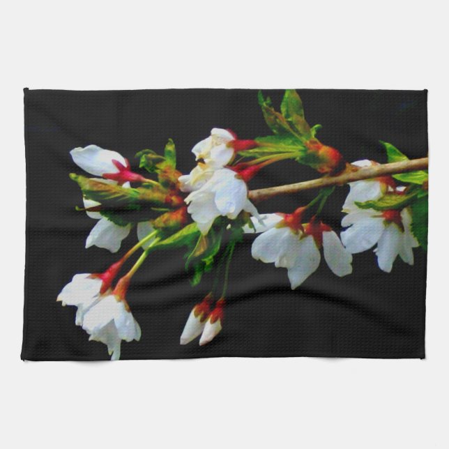 Elegant Black White flowering white Blossom Kitchen Towel (Horizontal)