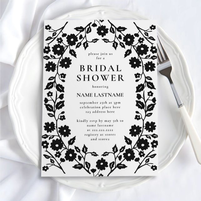 Elegant Black White Folk Floral Bridal Shower Invitation (Creator Uploaded)