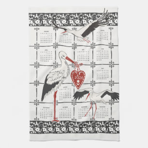 Elegant Black & White Folk Stork 2026 Calendar Kitchen Towel