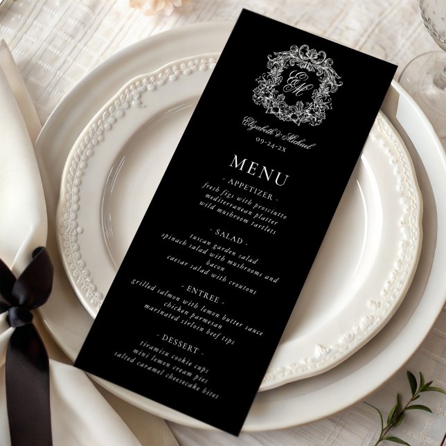 Elegant Black White Formal Monogram Crest Wedding Menu (Creator Uploaded)
