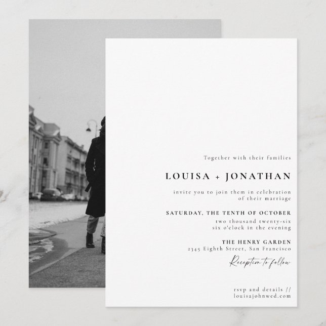 Elegant Black White Formal Script Photo Wedding Invitation (Front/Back)