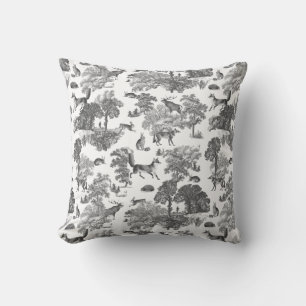 Elegant Black White Fox Rabbit Woodland Toile  Throw Pillow