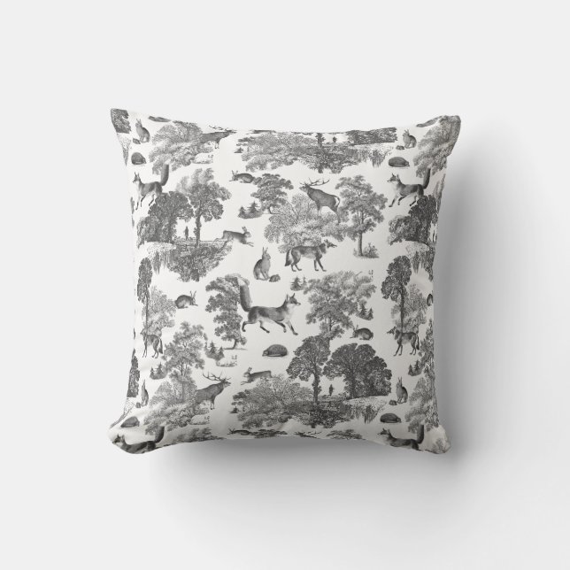 Elegant Black White Fox Rabbit Woodland Toile  Throw Pillow (Front)
