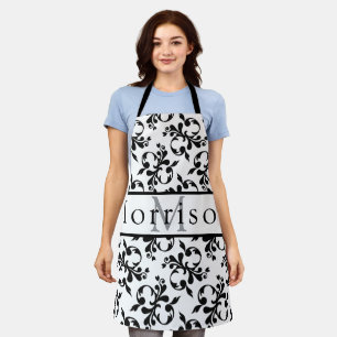 Elegant Black & White French Damask Pattern Apron