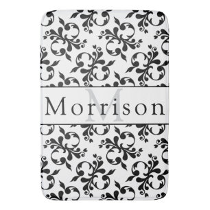Elegant Black & White French Damask Pattern Bath Mat