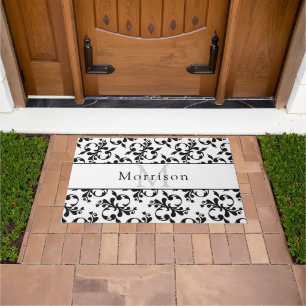 Elegant Black & White French Damask Pattern Doormat