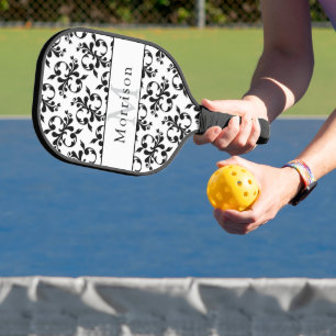 Elegant Black & White French Damask Pattern Pickleball Paddle