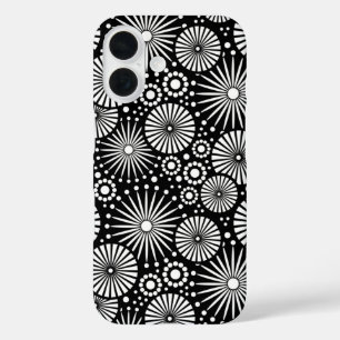 Elegant Black White Geometric Flowers Starburst iPhone 16 Case