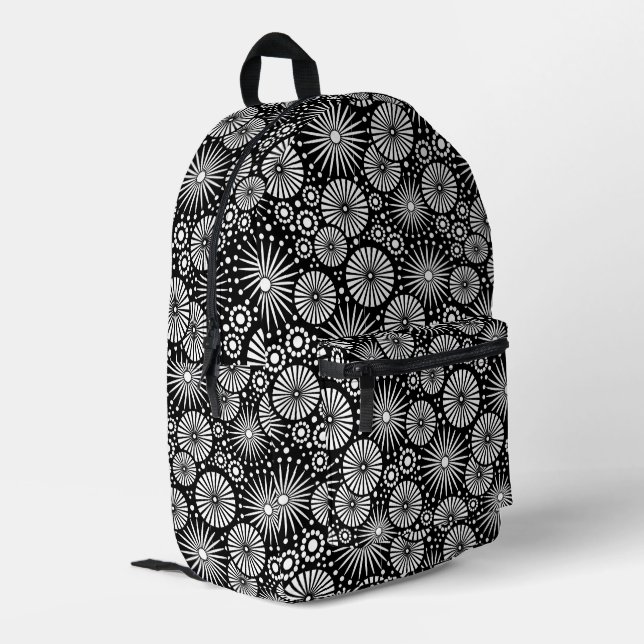 Elegant Black White Geometric Flowers Starburst Printed Backpack (Back Corner Left)