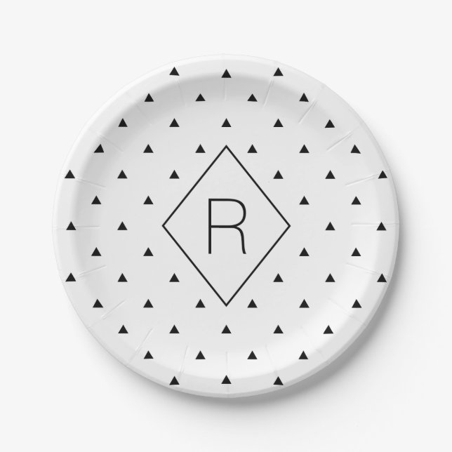 Elegant black white geometric pattern | triangles paper plate (Front)