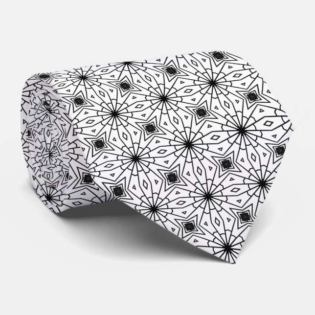 Elegant Black White Geometric Star Pattern Necktie (Rolled)