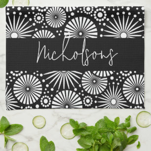 Elegant Black White Geometric Starburst Name Kitchen Towel