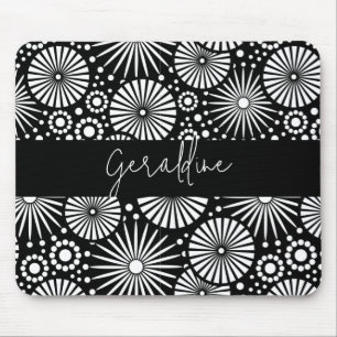 Elegant Black White Geometric Starburst Name Mouse Pad