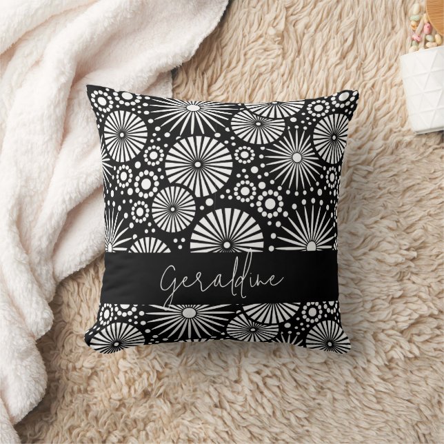 Elegant Black White Geometric Starburst Name  Throw Pillow (Blanket)