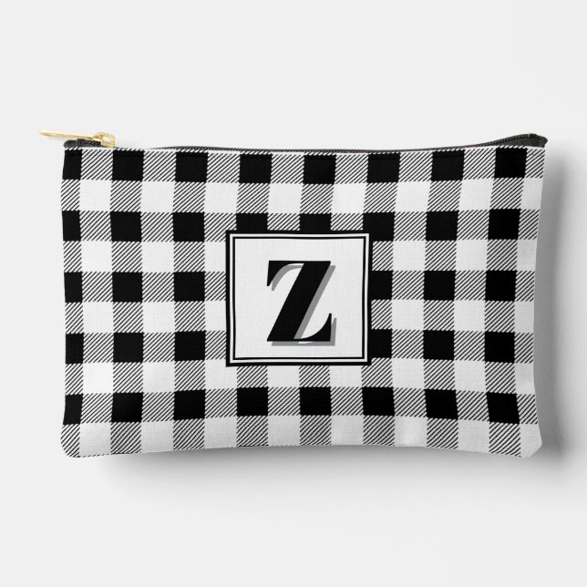 Elegant black white gingham customizable monogram  accessory pouch (Front)