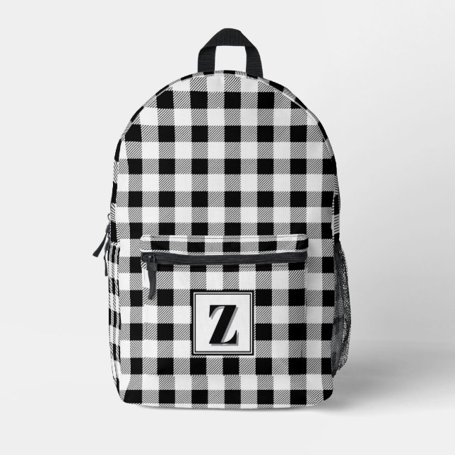 Elegant black white gingham customizable monogram  printed backpack (Front)