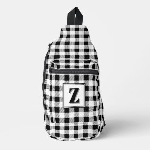 Elegant black white gingham customizable monogram  sling bag