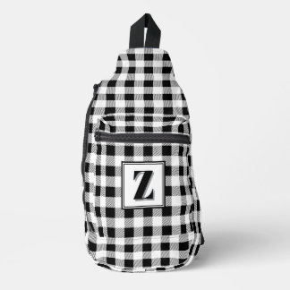 Elegant black white gingham customizable monogram  sling bag
