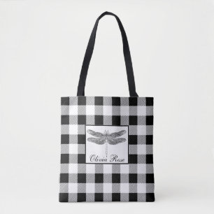 Elegant black white gingham dragonfly  tote bag