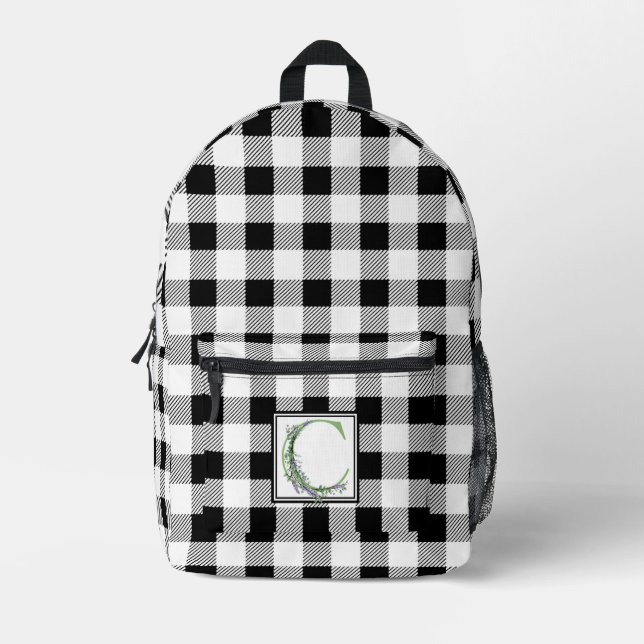 Elegant black white gingham letter C botanical Printed Backpack (Front)