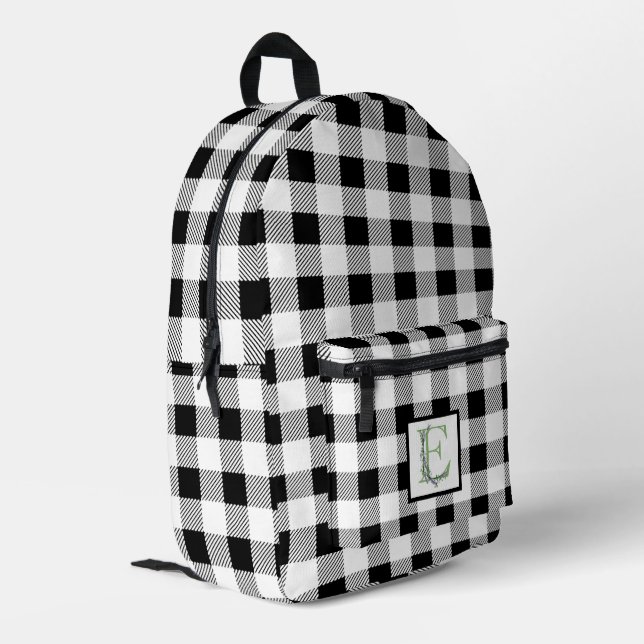 Elegant black white gingham letter E botanical Printed Backpack (Back Corner Left)