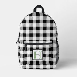 Elegant black white gingham letter H botanical Printed Backpack