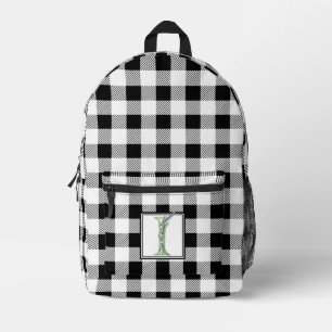 Elegant black white gingham letter I botanical Printed Backpack