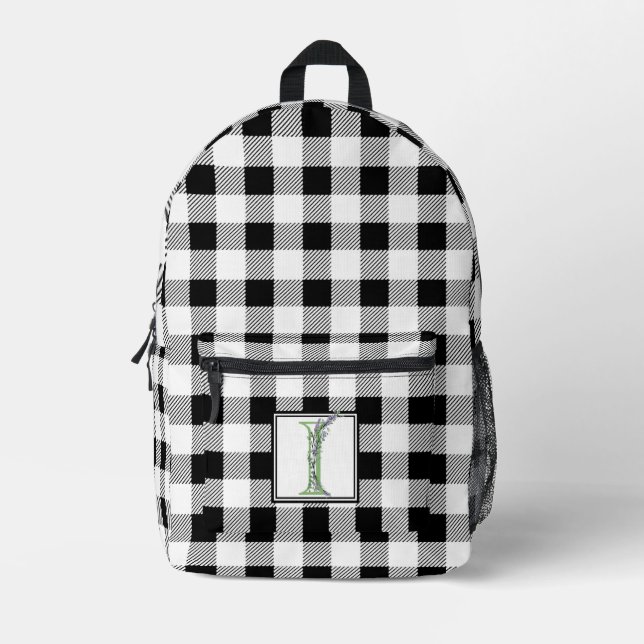 Elegant black white gingham letter I botanical Printed Backpack (Front)