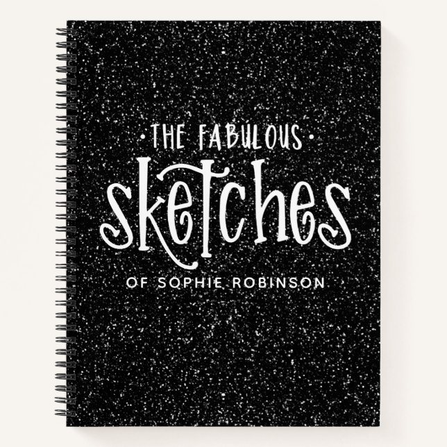 Elegant Black White Glitter Sketchbook Notebook (Front)