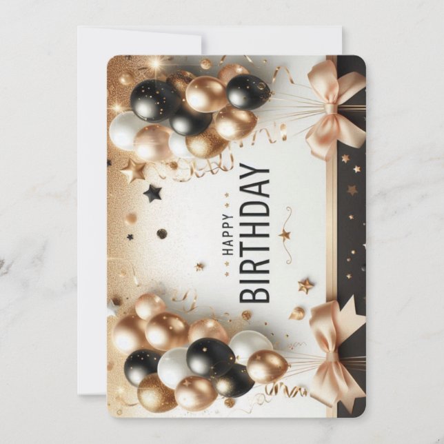 Elegant Black White & Gold Balloons Happy Birthday Invitation (Front)