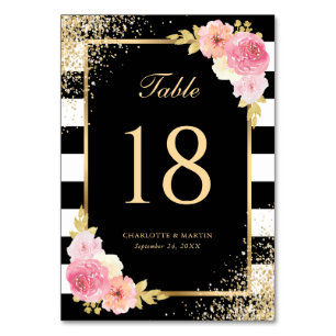 Elegant Black White Gold Blush Pink Floral Wedding Table Number