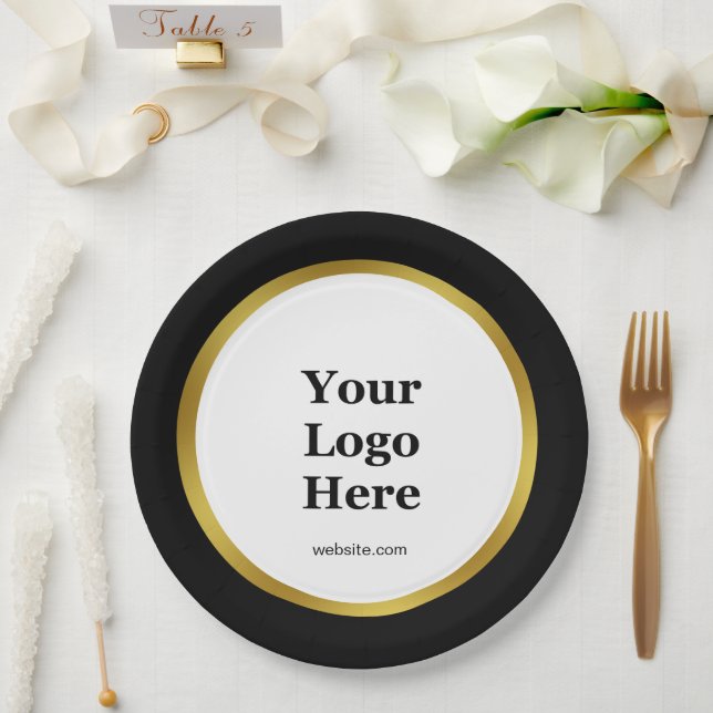 Elegant Black White Gold Business Logo Website Paper Plate (Wedding)